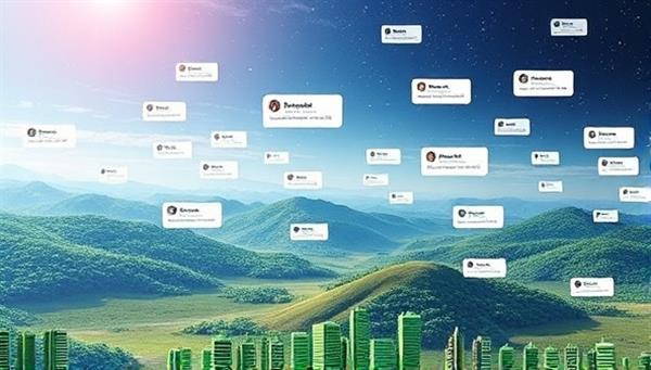 An abstract digital landscape with positive and negative online reviews floating around, symbolizing the need for online reputation management and image control in cyberspace.