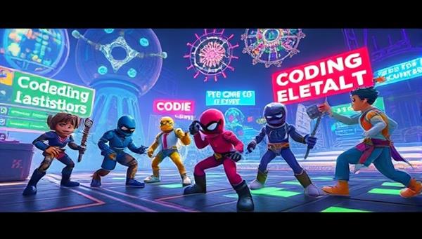 An exciting visual of a virtual coding world where characters representing different coding languages engage in challenges and quests, with vibrant colors and futuristic elements highlighting the immersive and gamified nature of CodeQuest.