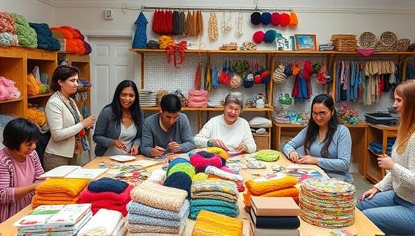 A vibrant workshop setting filled with colorful yarn, crafting tools, and handmade items, with people of diverse ages and backgrounds joyfully engaging in various craft activities, showcasing the hub