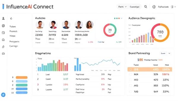 An insightful visualization of a digital dashboard displaying influencer profiles, audience demographics, engagement metrics, and brand partnership success rates, reflecting the data-driven and analytical approach of InfluencAI Connect in influencer matchmaking and campaign optimization.