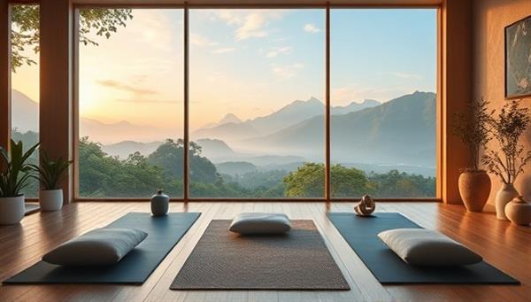 A serene digital environment featuring a virtual wellness retreat setting with calming nature views, yoga mats, meditation cushions, and wellness props, symbolizing relaxation, mindfulness, and holistic well-being experiences on ZenHaven.