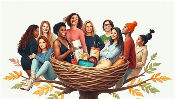 An artistic representation of a diverse group of micro-influencers representing various niche categories, gathered around a symbolic nest filled with niche-specific products and brand collaborations, illustrating the unique and targeted approach of NicheNest in influencer marketing.