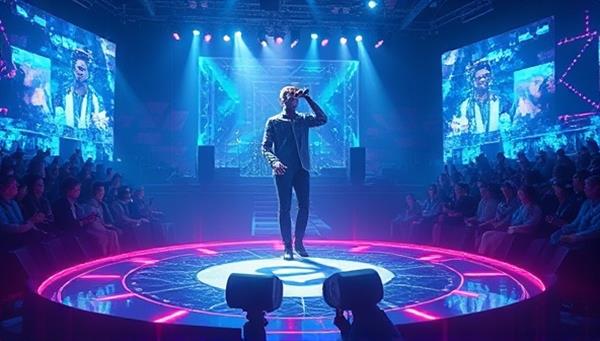 An immersive visual representation of a holographic concert experience showcasing a lifelike hologram of a famous musician performing on a virtual stage, surrounded by digital effects and a mesmerized virtual audience, capturing the futuristic and engaging nature of the virtual concert experience.
