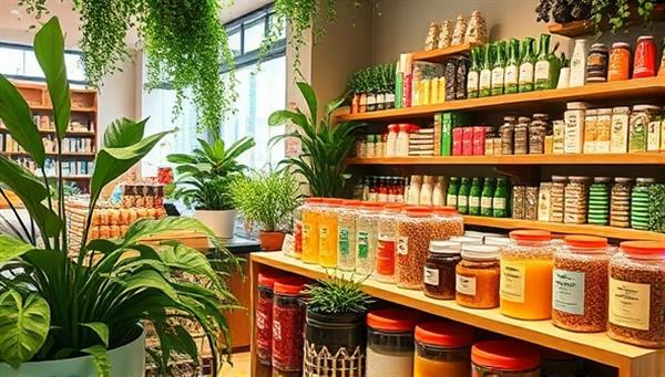 An inviting store display featuring rows of refillable containers filled with colorful eco-friendly products, surrounded by lush green plants and sustainable packaging, creating a fresh and environmentally conscious ambiance.