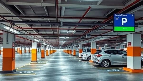 An urban parking facility equipped with smart sensors and digital displays showing real-time parking availability, accompanied by a smooth parking experience for drivers using the ParkWise Solutions app, highlighting the convenience and efficiency of smart parking management.