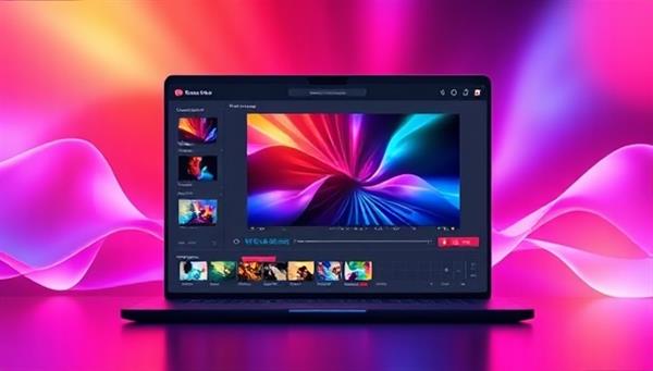 An artistic rendering of a user-friendly online platform interface displaying music video editing tools, vibrant visual effects, and a preview window showing a customized music video in the making, inspiring creativity and self-expression.