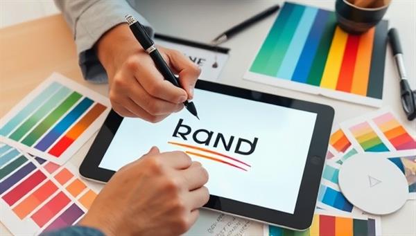 An image of a designer sketching a brand logo on a tablet, surrounded by color swatches and branding materials, creating a visual representation of brand identity creation and creativity in consulting.