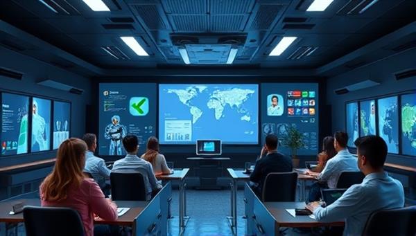 A futuristic virtual classroom setting with AI-powered language tutors interacting with diverse students from around the world, showcasing an immersive and tech-savvy language learning experience.