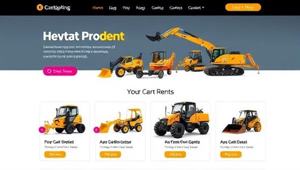 A vibrant website homepage showcasing a variety of construction equipment available for rent, with colorful icons, clear pricing details, and a user-friendly interface, conveying convenience and accessibility for customers.