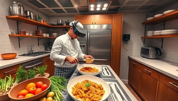 An immersive virtual kitchen scene featuring users cooking alongside a virtual chef, preparing a delicious dish with interactive ingredients and step-by-step instructions, capturing the essence of culinary exploration and learning on CulinaryQuest VR.
