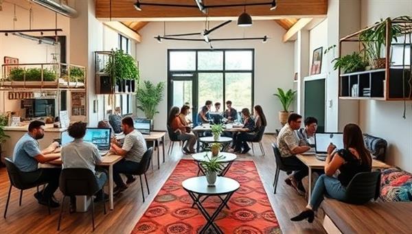 A vibrant co-living space common area with modern decor, coworking stations, and a diverse group of digital nomads networking and socializing, capturing the essence of community, collaboration, and flexible living for remote workers.