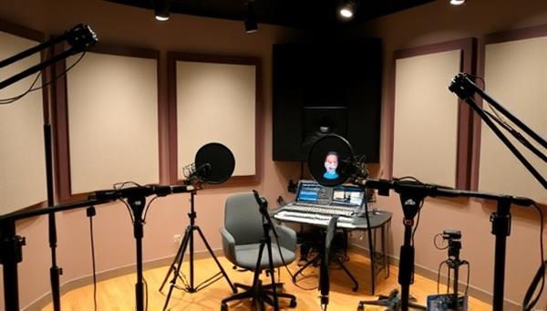 A professional studio setup with microphones, soundproofing panels, and editing equipment, showcasing the behind-the-scenes production process of a podcast episode in progress, exuding professionalism and creativity.