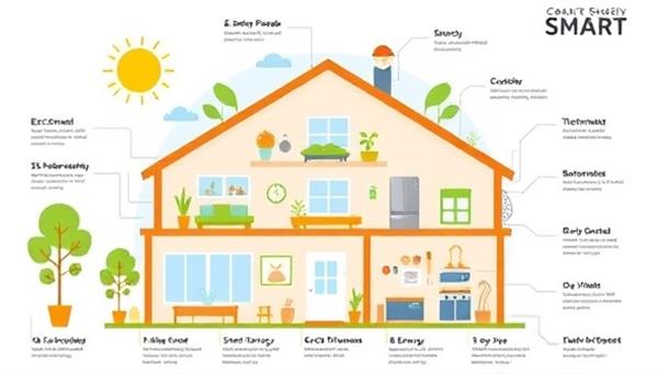 A visually appealing infographic illustrating a smart home layout with eco-friendly features like solar panels, smart thermostats, and energy-efficient appliances, showcasing a modern and sustainable living environment.