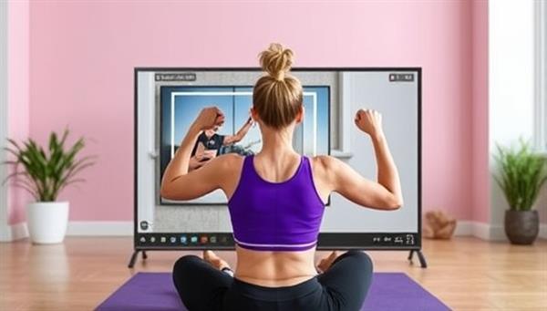 A virtual workout session with a fitness coach guiding users through exercises via a live video stream, showcasing the interactive and personalized training experience offered by FitFlex Virtual