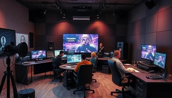 A state-of-the-art gaming content creation studio with professional recording booths, editing stations, and streaming setups, featuring content creators and streamers immersed in the creative process, capturing the essence of innovative gaming content production and streaming services.