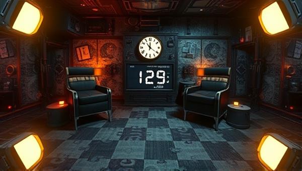 An immersive virtual reality escape room setting with intricate puzzles, mysterious clues, and a countdown timer, creating a sense of urgency and excitement for players as they work together to escape and unlock new challenges.