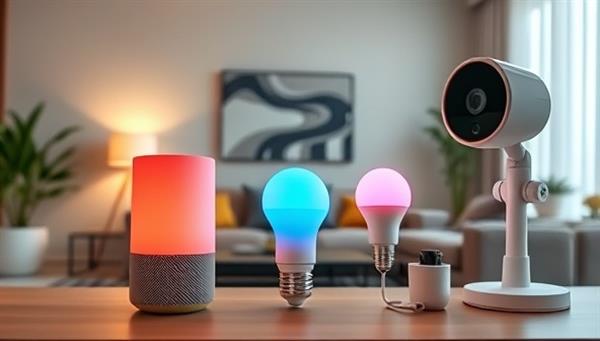 A modern living room setting with customized smart home devices like a voice assistant with a personalized color scheme, smart light bulbs in different hues, and a security camera with a unique pattern, creating a stylish and tech-savvy home environment.