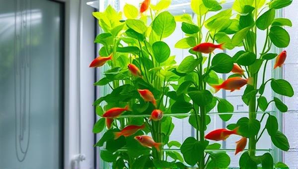A captivating image of a vertical aquaponic system indoors, with lush green vegetables growing alongside colorful fish swimming in clear water, illustrating a harmonious and sustainable food production method.