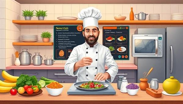 An appetizing digital illustration of a virtual cooking class setup, featuring a professional chef demonstrating a recipe in a vibrant kitchen setting with fresh ingredients, cooking utensils, and a digital display of culinary steps, inviting participants to engage in a delicious culinary experience, symbolizing creativity and gastronomic delight.