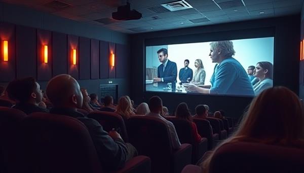 An intimate cinema setting with plush seats, a large screen displaying an independent film, and a diverse audience engaged in the viewing experience, capturing the essence of exclusive film screenings and community connection.