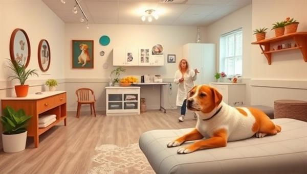A serene pet wellness center featuring a cozy waiting area with pet-friendly decor, a grooming station with cheerful staff pampering pets, and a tranquil treatment room with a pet receiving acupuncture, showcasing a harmonious and caring environment for furry companions and their owners.