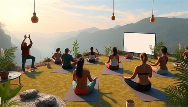 A captivating digital illustration depicting a virtual holistic wellness retreat setting with participants engaging in yoga poses, meditation practices, and nutritional workshops led by wellness coaches and experts, surrounded by serene nature elements and calming vibes.