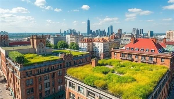 An urban skyline featuring buildings with lush green roofs, showcasing the aesthetic appeal and environmental benefits of green roof installations in city settings.