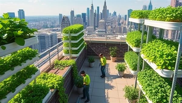 An urban rooftop garden with vertical farming towers filled with lush green plants and vegetables, tended by workers in sustainable farming attire, overlooking a city skyline, symbolizing the innovation and eco-friendly practices of SkyHarvest AgroTech.