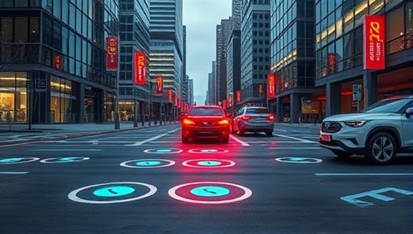 A futuristic cityscape with smart parking sensors embedded in the ground, guiding vehicles to available parking spots, while a digital display shows real-time parking availability and pricing information, illustrating a seamless parking experience.