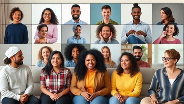 An inclusive and diverse virtual group therapy session with individuals from different backgrounds engaging in supportive discussions, symbolizing unity and mental health advocacy.