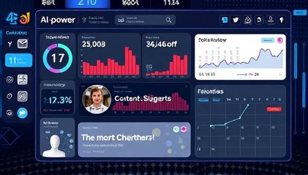 An engaging visual of a futuristic AI-powered dashboard displaying social media metrics, content suggestions, and a calendar, symbolizing efficiency and data-driven decision-making.