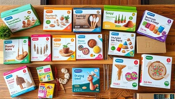 An array of colorful craft kits neatly arranged on a wooden table, showcasing various DIY projects like macramé plant hangers, clay sculpting, and embroidery, inviting creativity and inspiration.