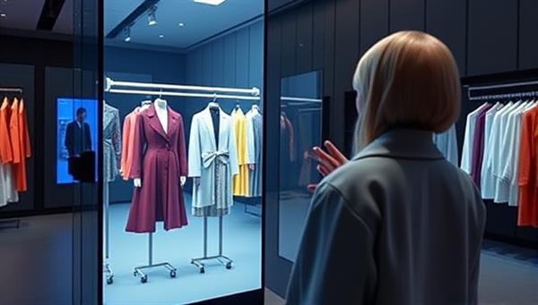 An AI-powered virtual fitting room where a user interacts with a digital mirror displaying various outfit suggestions based on their style preferences, creating a futuristic and engaging shopping experience.