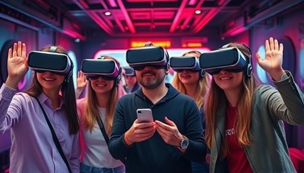 A group of friends wearing VR headsets, immersed in a virtual escape room scenario, working together to solve puzzles and unlock clues against a futuristic backdrop.