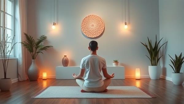 A serene image of a meditation room with calming decor, soft lighting, and a person practicing mindfulness and relaxation techniques, symbolizing mental wellness and stress relief for entrepreneurs.