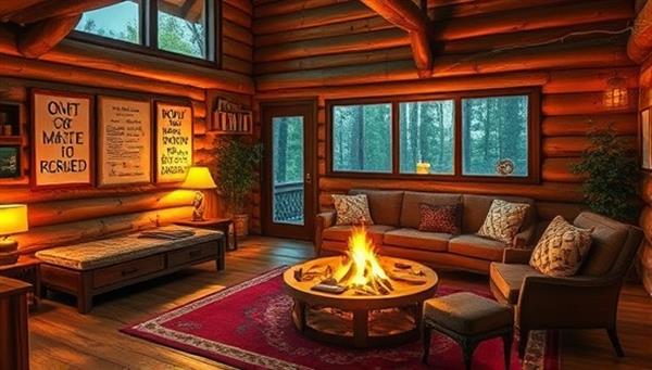 An idyllic virtual retreat setting with cozy writing nooks, inspirational quotes on the walls, and a virtual campfire chat circle where writers gather for storytelling sessions and creative discussions, evoking a sense of camaraderie and creativity in the digital space.