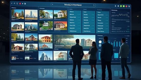 A virtual real estate platform interface displaying diverse property investment options, interactive property tours, and real-time market data, with a group of investors exploring virtual properties and discussing investment strategies, symbolizing digital access to real estate opportunities and portfolio diversification.