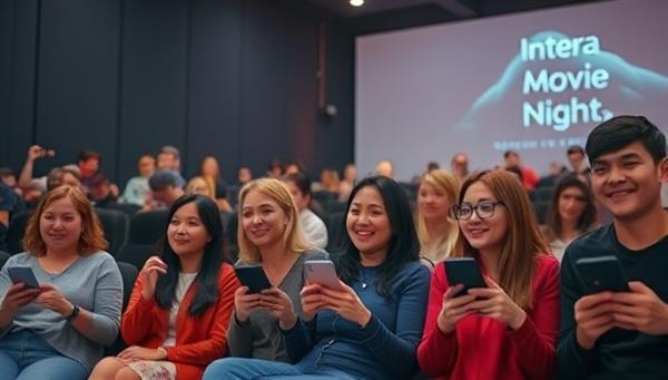 An image of a diverse group of people in a cinema setting, holding interactive devices and actively participating in a movie screening, showcasing the dynamic and engaging atmosphere of Interactive Movie Nights.