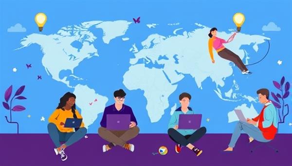 A dynamic digital illustration showcasing a diverse group of freelancers working on laptops in different locations, symbolizing the global reach and collaborative nature of FlexTalents.