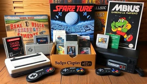 A retro-themed subscription box display featuring classic gaming cartridges, vintage consoles, controller replicas, and retro gaming posters arranged in a nostalgic setting, evoking the joy of retro gaming exploration and discovery.