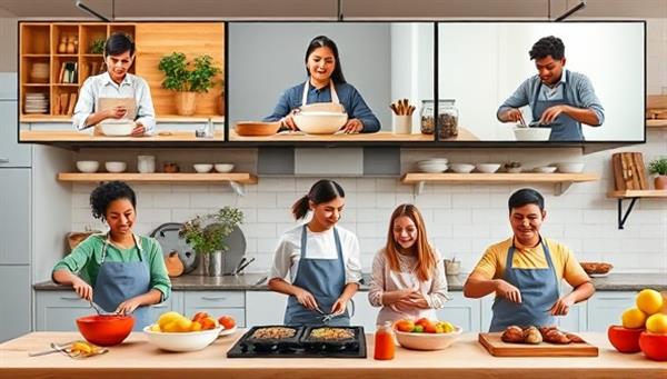 A vibrant virtual kitchen setting with a diverse group of participants cooking together on their individual screens, showcasing a fun and dynamic learning environment.