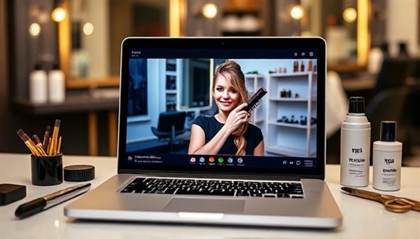 A laptop screen displaying a virtual hairstyling class with a hairstylist demonstrating a trendy hairstyle, surrounded by hair tools, products, and a stylish salon backdrop, showcasing the interactive and educational nature of the classes.