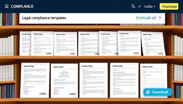 A digital interface showcasing a collection of legal compliance templates and policy documents neatly organized in a virtual library, with customizable features and download options, emphasizing convenience and efficiency in compliance management.