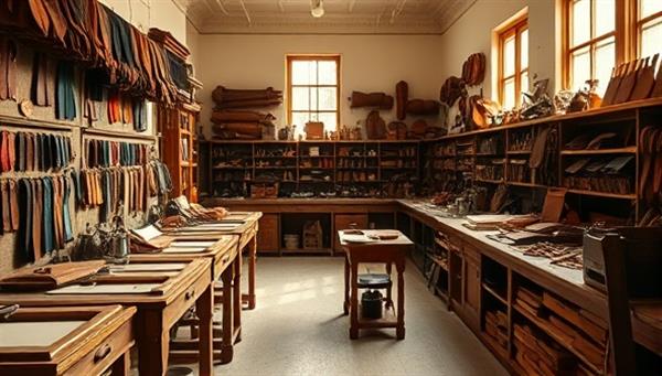 An exquisite leather workshop filled with tools, patterns, and rolls of premium leather, bathed in warm natural light that highlights the craftsmanship and dedication to creating timeless leather accessories in an elegant and serene setting.