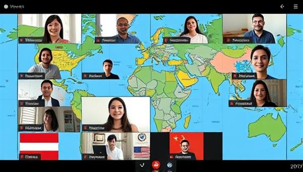 An online language exchange session featuring diverse participants engaging in virtual conversations in different languages, with a world map backdrop symbolizing global connectivity and cultural exchange.