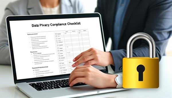 A professional consultant guiding a small business owner through a data privacy compliance checklist on a laptop screen, with a padlock symbolizing security and protection of sensitive information.