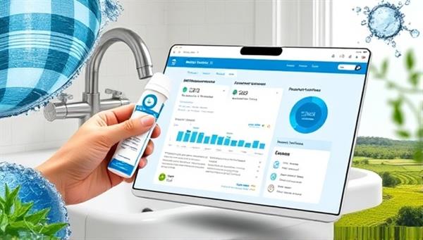 An online water testing kit being used by a homeowner to collect a sample from their faucet, with a digital interface displaying water quality data and treatment recommendations, surrounded by images of clean, flowing water sources and green landscapes, symbolizing purity and safety.