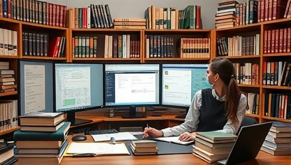 A professional working at a desk surrounded by legal books and research materials, with multiple computer screens displaying legal databases and research tools, illustrating a focused and efficient legal research assistance setup for clients.