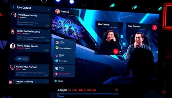 An interactive streaming interface with live chat, interactive polls, and mini-games overlaid on a gaming stream, showcasing the platform
