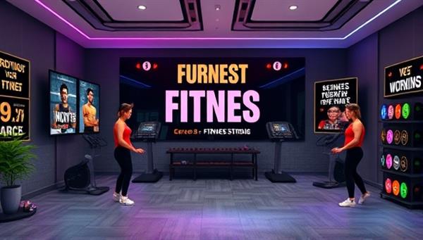 A virtual fitness studio environment featuring digital workout sessions, exercise equipment displays, and motivational fitness quotes, surrounded by energetic workout avatars, progress trackers, and wellness badges, creating a dynamic and inclusive fitness coaching platform for users.